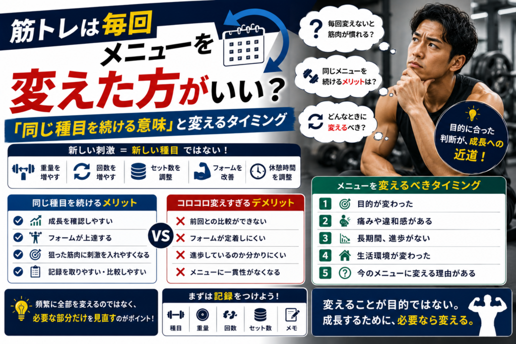 筋トレは毎回メニューを変えた方がいい?「同じ種目を続ける意味」と変えるタイミング chatgpt image 2026年8月11日 15 20 11